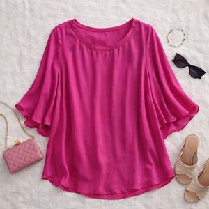 White House Black Market 100% Silk Fuchsia Flutter Sleeve Blouse Size 12